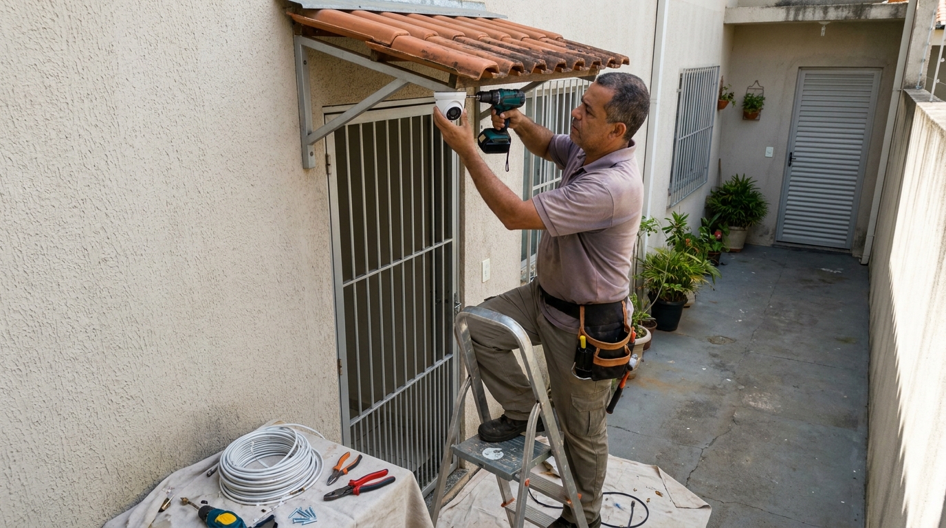 Eletricista instalando cameras de seguranca em Viamão‑RS