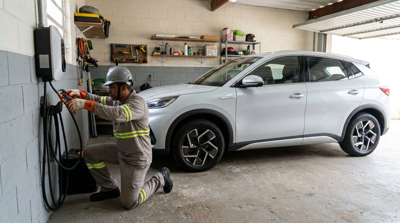 Eletricista instalando carregador de carro eletrico em Viamão‑RS