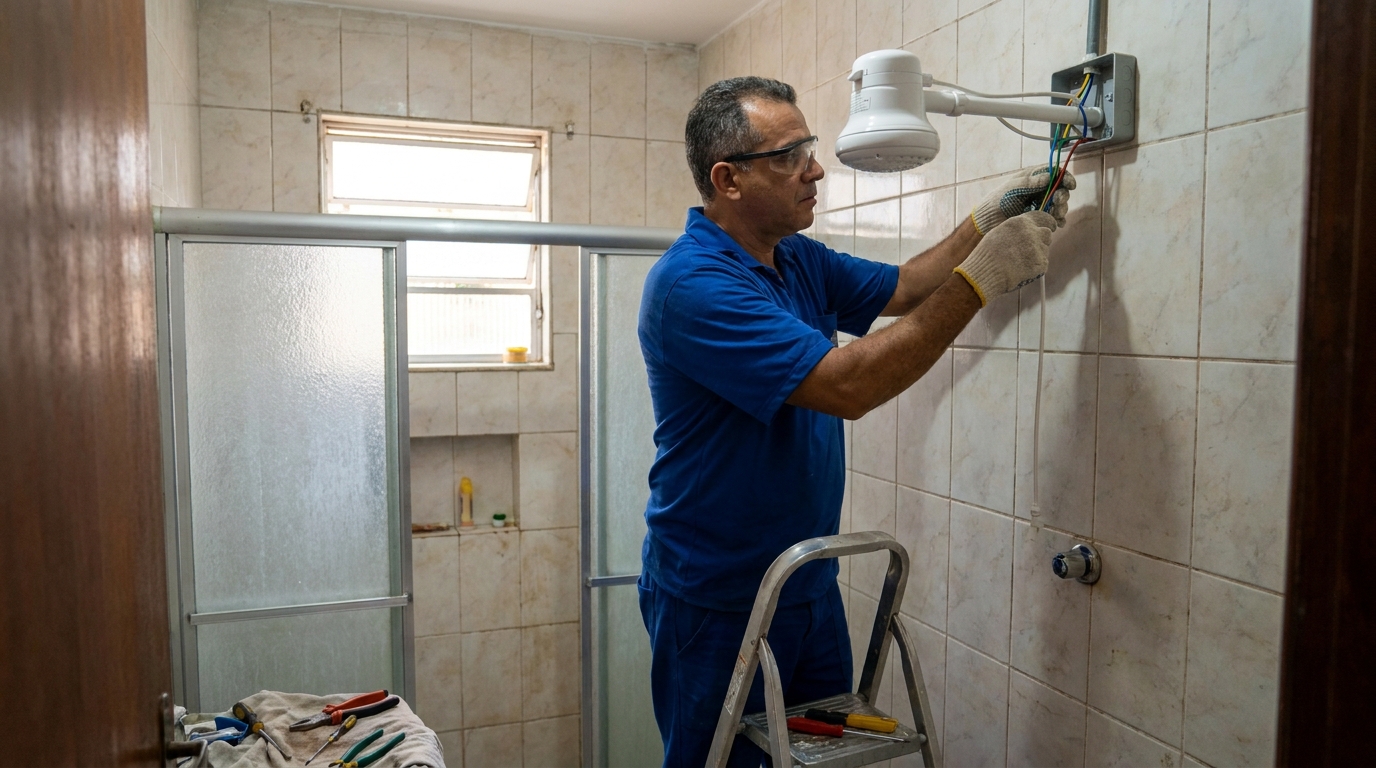 Eletricista instalando chuveiro eletrico em Viamão‑RS