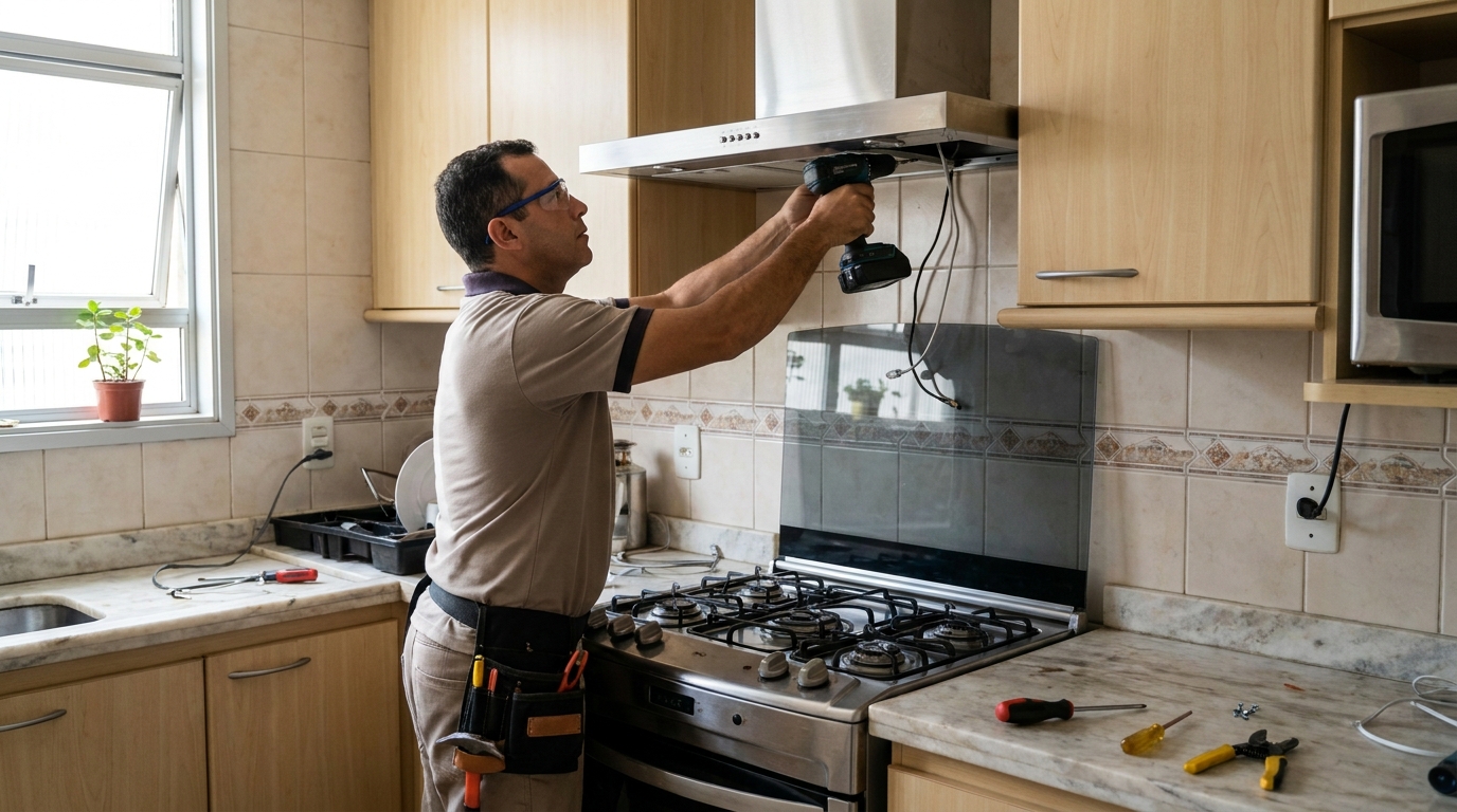 Eletricista instalando coifa em Viamão‑RS